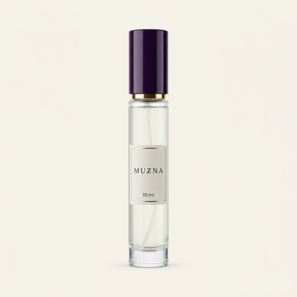 A single Muzna 10 ml travel spray on a plain warm-white background