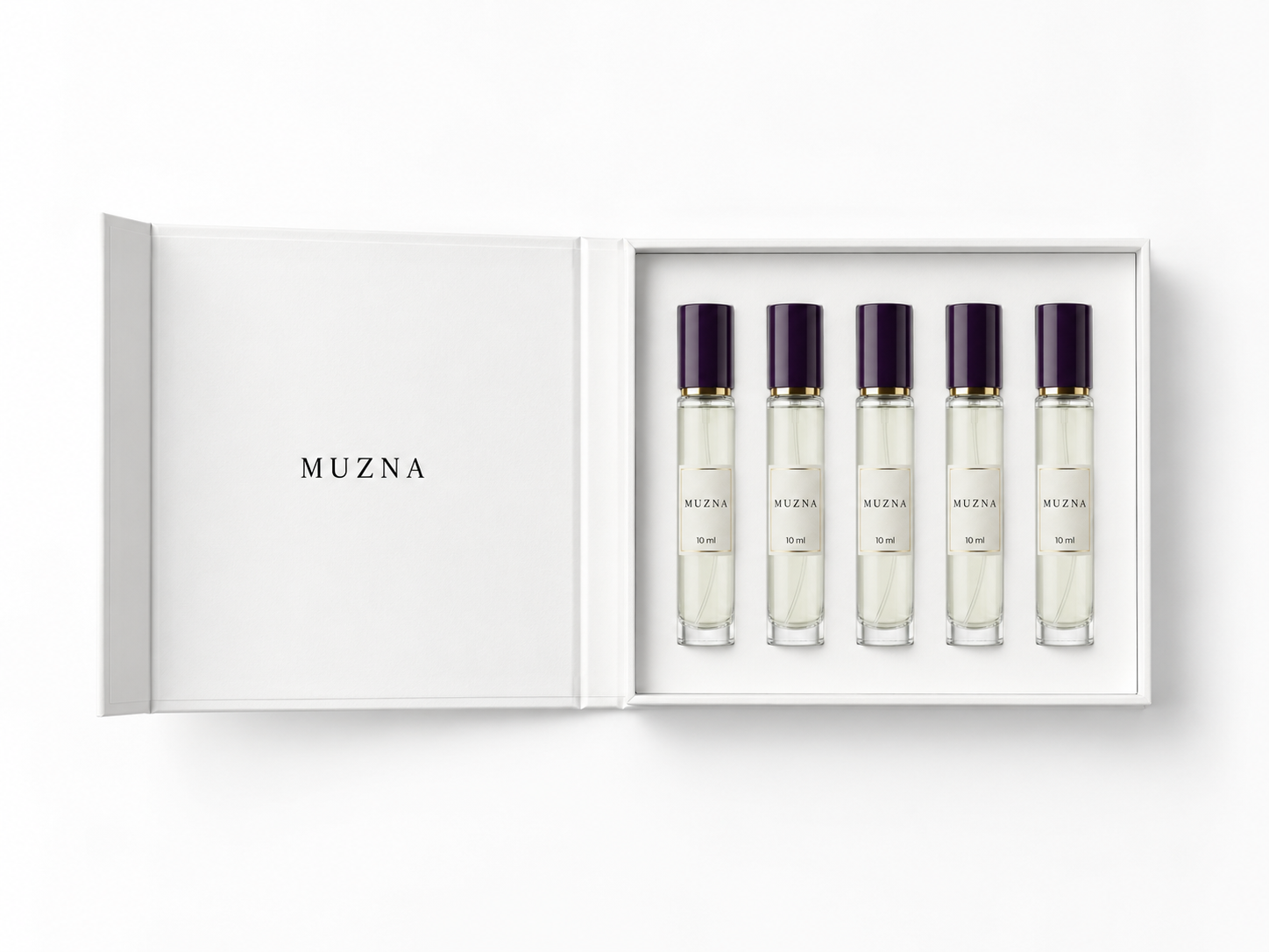 White Muzna presentation case with five 10 ml travel sprays