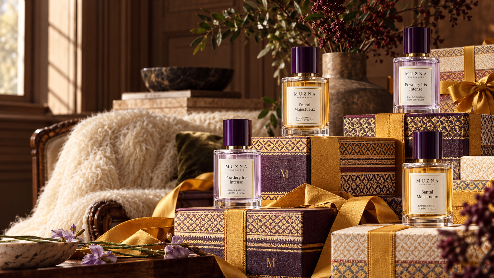 Muzna perfumes among patterned gift boxes, satin ribbon and tactile textiles