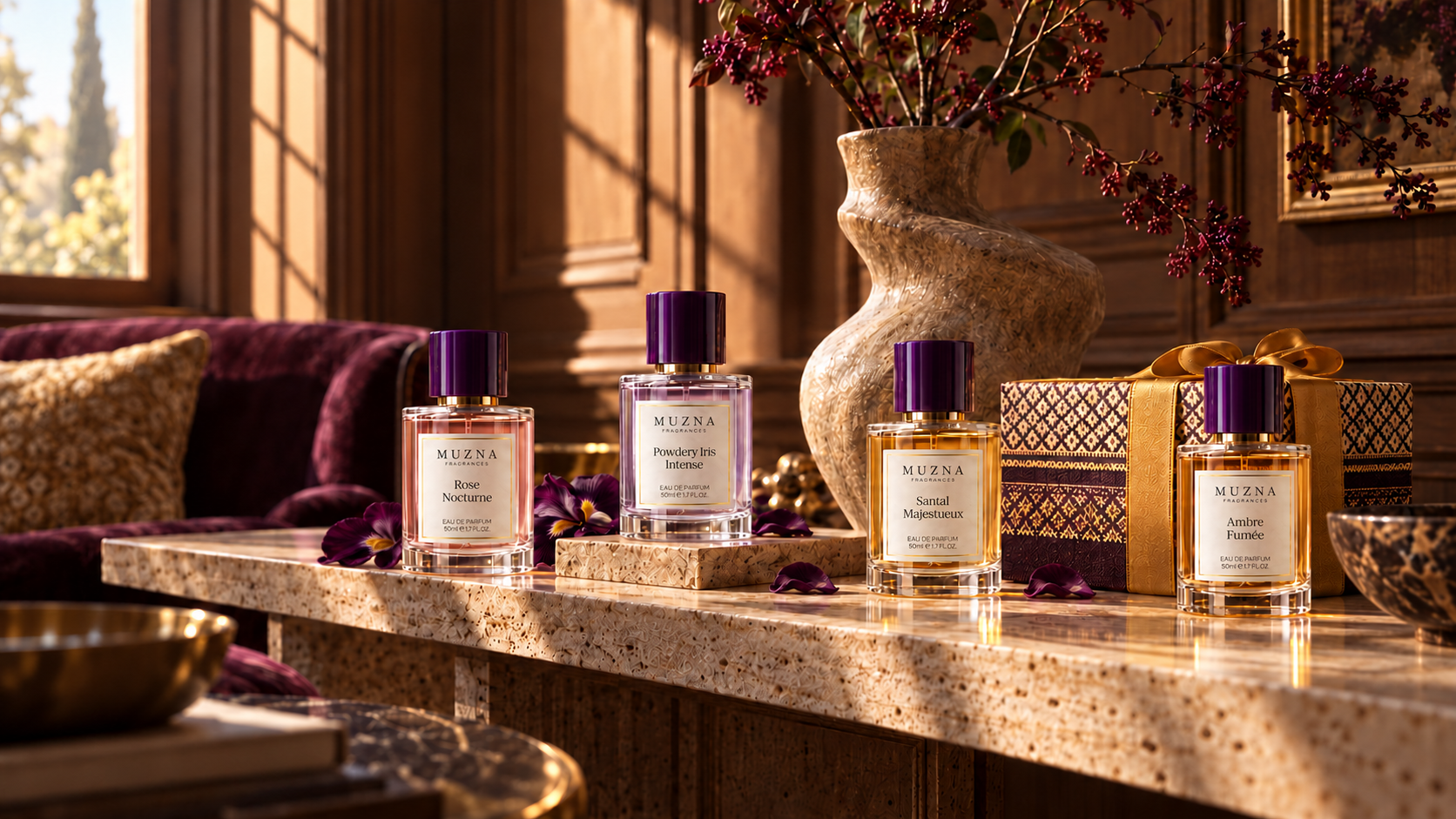 Four Muzna perfumes in the sunlit salon